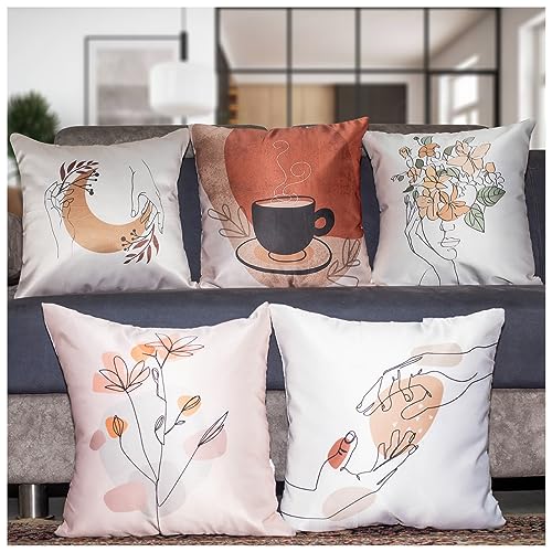 Image of Decorative Satin Sofa Cushion Covers Set of 5, 16 inch x 16 inch, Sofa Cushion Pillow Cover, Brown and White, Tea Time Design, Zipper Closure (Lunar, 16X16 Inches)