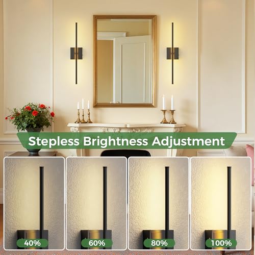 Image of DORESshop Battery Operated Wall Sconces Set of 2, Dimmable Battery Wall Sconce with Remote Control, Black 350Rotate Rechargeable Sconces, 23.7 Inch Wireless Wall Lights for Bedroom, Living Room