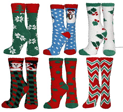 Womens Soft Fuzzy Sock, Holiday Christmas Slipper Socks, holiday stocking stuffers, Snowflake Fuzzy Socks, 6 Pack, Size 9-11