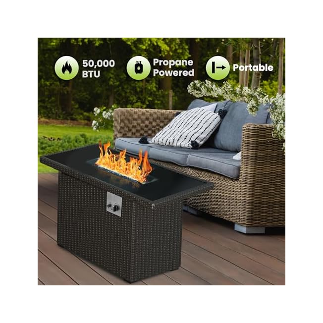 PRIMETEK 2-in-1 Fire Pit Table for Patio, Brown Wicker 44", 50,000 BTU, Wind Guard, and Glass Rocks (44 x 32 x 24 in)