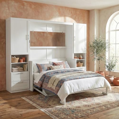 Image of Merax Queen Size Murphy Bed with Desk, Multifunctional Foldable Wall Bed with Closet, Drawers and Shelves, Space-Saving Wood Platform Bed Frame for Small Spaces Studio Study Office Guest Room, White