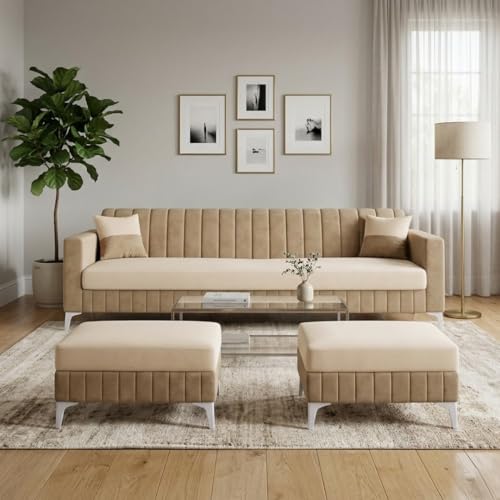 Image of Amelia Rich 5 Seater L Shape Sofa Set with 2 Movable Ottomans | Flexible Layout | Spacious Soft Touch Seating | Modern Sofa for Living Room (Beige & Cream)