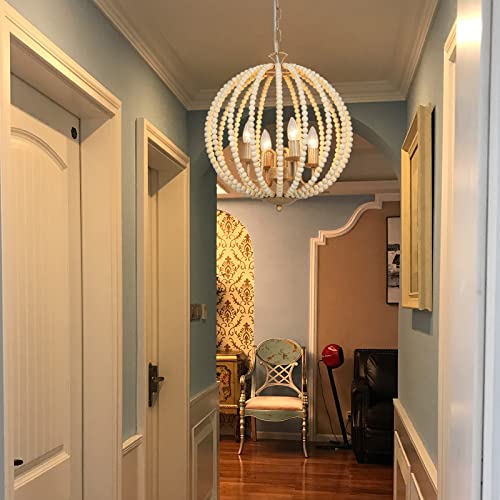 Farmhouse Wood Beaded Chandelier, Boho 4-Lights 16.5" Wood Candle Style Chandelier Light Fixture, Rustic Modern White Wood Bead Chandelier for Dining Room, Kitchen Island, Hallway, Bedroom, E12 - Image 6