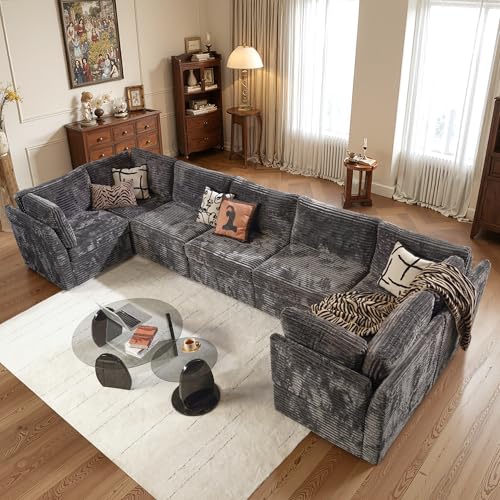 Image of ovios Modular Sectional Sofa Couch with U-Shape Chaise Oversized, Comfy Plush Corduroy Cloud Couches, Modern Luxury Deep Seat Sofas Set for Living Room, 7-Seater, Grey