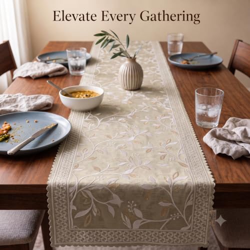 Image of Premium Embroidered Dining Table Runner 6 Seater | Washable Heat Resistant Fabric | Cotton-Silk Blend | Fits 4 & 8 Seater Dining Table | Centre Table Decor | 13 x 72 Inch | Olive-Grey
