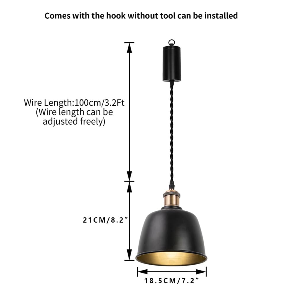 Dimmbare Hängelampe mit Batterie Innen, Retro Hängeleuchte Batteriebetriebene Lampe, Pendelleuchte ohne Strom Stromanschluss für Küche Nachttischcafé, Schwarz TB3119-RB