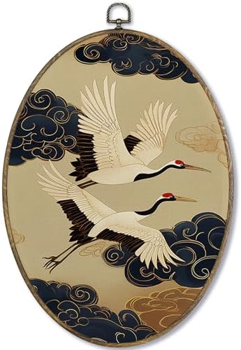 Fewgb Vintage Japandi Japanese Cranes Oval Wall Art Decor Framed,...