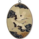 Fewgb Vintage Japandi Japanese Cranes Oval Wall Art Decor Framed, Chinoiserie Canvas Wall Art Prints Picture, Oriental Asian Hanging Room Decor Artwork for Kitchen Bathroom Bedroom Living Room 9x12