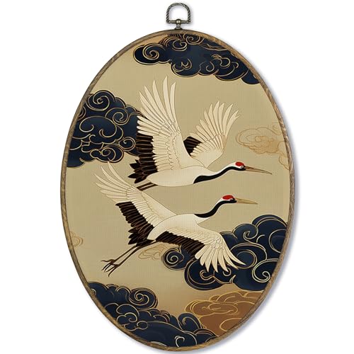 Fewgb Vintage Japandi Japanese Cranes Oval Wall Art Decor Framed, Chinoiserie Bird Canvas Wall Art Prints Picture, Oriental Asian Hanging Room Decor Artwork for Kitchen Bathroom Bedroom Living Room 9x12