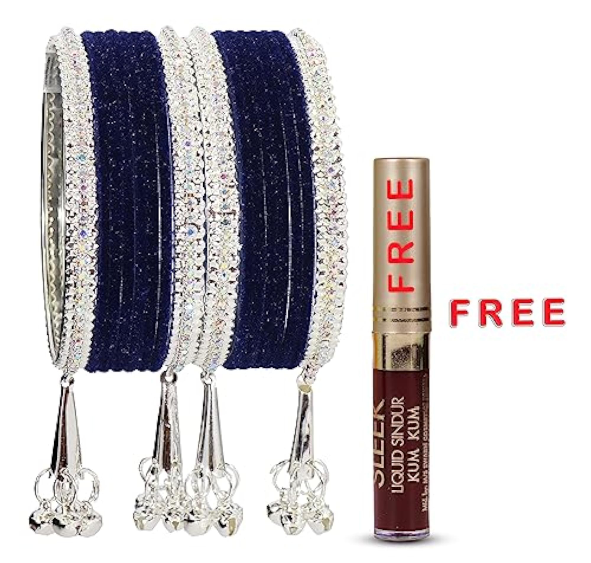 Zircon Gemstone Metal Bangles Set With Velvet Studded Bells (Silver-2.6)