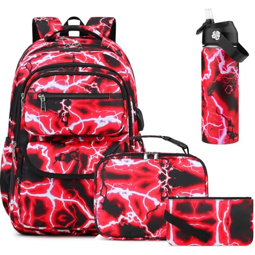 Bevalsa Backpack for Boys, Lightning School Bags with 18OZ Water Bottle,Lunch Box & Pen Case for Kids, Bookbag for Boys Teens Elementary Middle High School