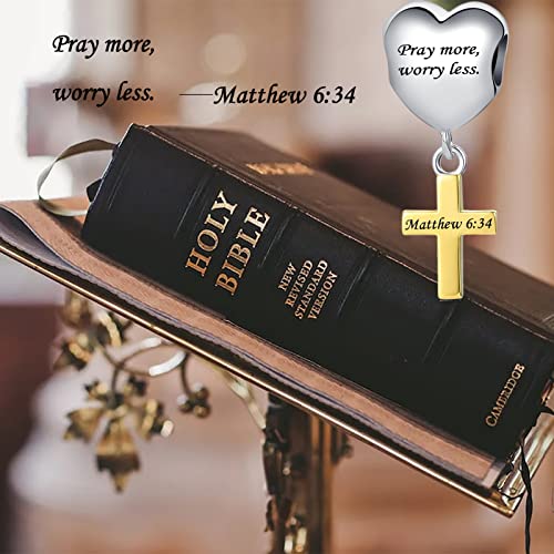 Image of Religious Cross Charm Scripture Bible Verse Engraved Gold Beads Charms for Pandora Bracelets
