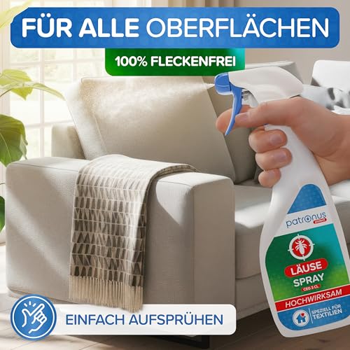 Patronus Läuse Abwehrspray für Textilien & Umgebung [500ml] effektives Läuse-Spray mit natürlichen Wirkstoffen - Läuse Umgebungsspray mit Sofortschutz gegen Läuse - mit dezentem Zitrusduft
