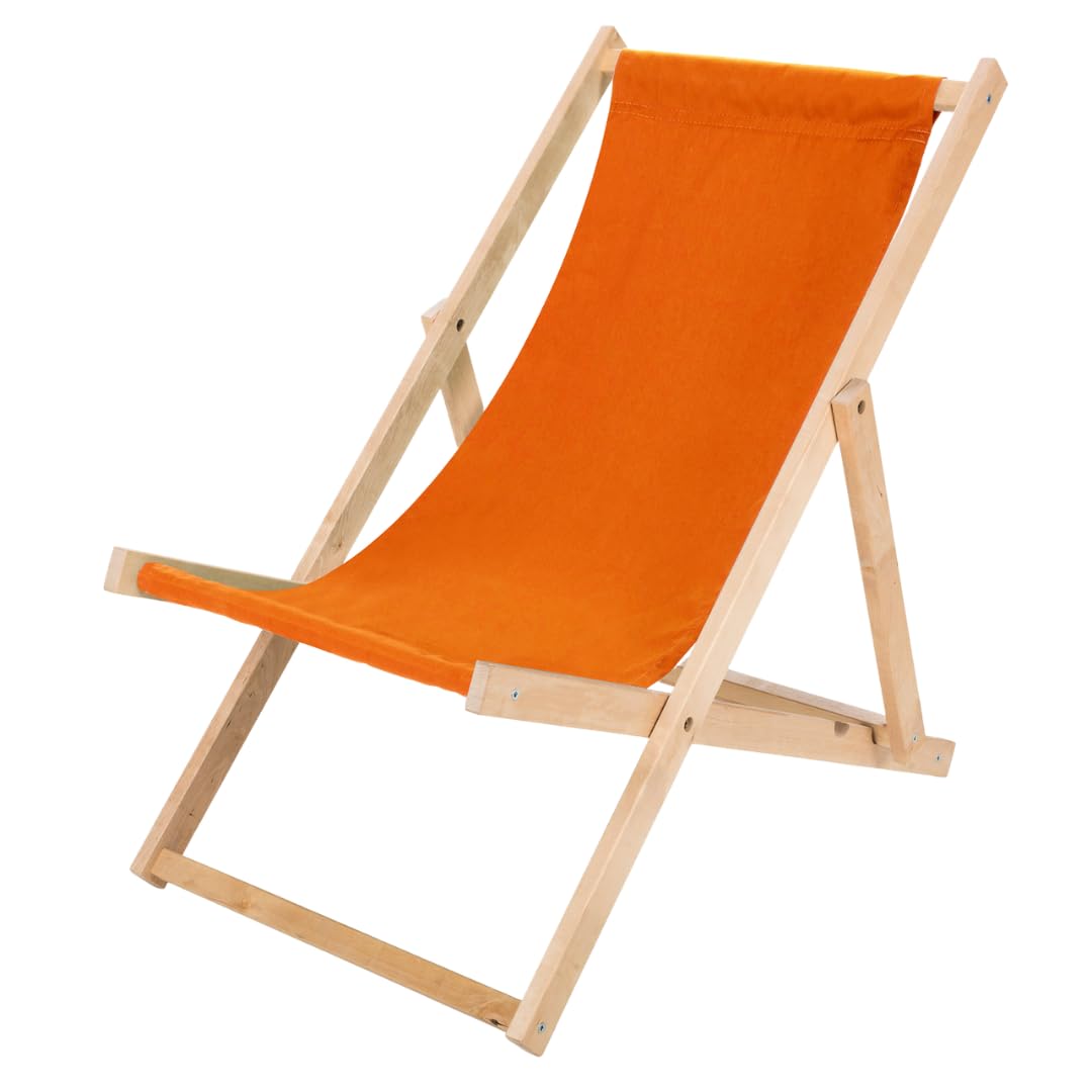 Chaise Longue Pliante en Bois Orange - Transat chilienne en hêtre Robuste 120 kg - Relax Pliable pour Jardin, Balcon, terrasse, Plage & Camping