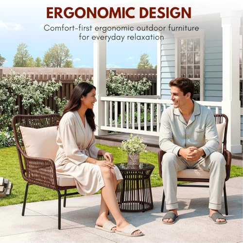 Image of DEVOKO Outdoor 3 Piece Patio Rope Chair Table Set All Weather-Resistant Cushion Handmade Furniture Perfect for Balcony, Garden, Patio, Terrace(Brown & Cream)