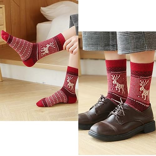 Image of 5-Pairs Vintage Knitting Stripe Reindeer Wave Pattern Women's Fluffy Cute Crew Socks Warm Soft Cotton Calf Socks