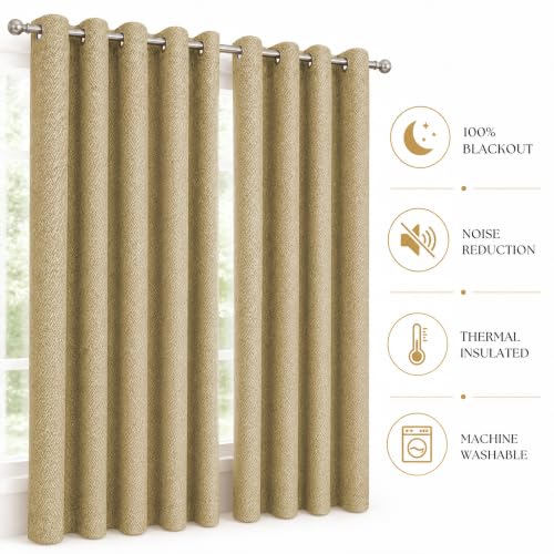 Image of LINENWALAS 100% Blackout Curtains for Window (5 Feet) - Set of 2 Panels, Herringbone Linen Texture Complete Light Block, Thermal Insulated & Noise Reducing Room Darkening Drapes (Golden Beige)