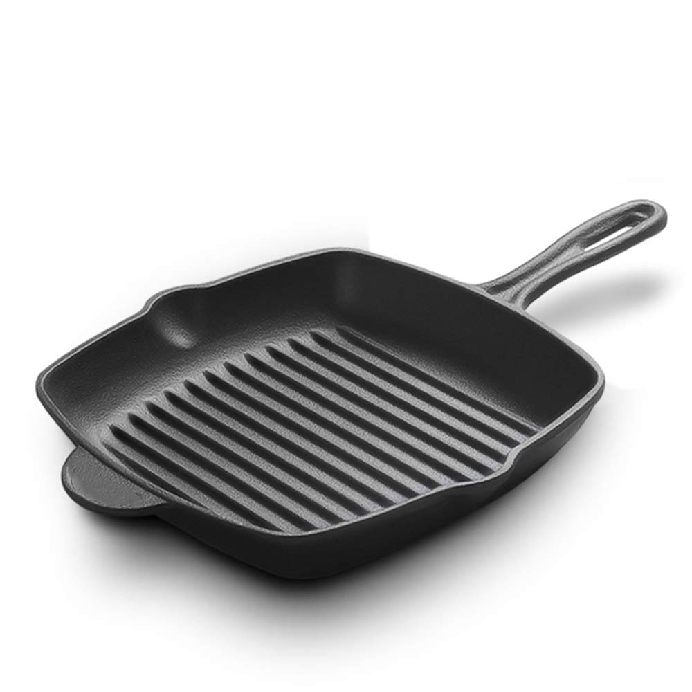 Kimmyer Cast Iron Grill Pan, 11" Fry Pan Cookware Set, Non-Stick Pan with heat insulating gloves steak clip, for Grilling Meats Seafood Bacon omelettes risotto