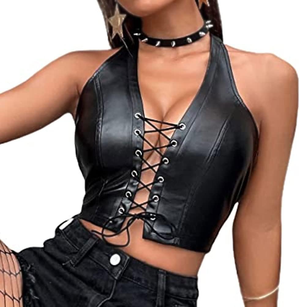 Women Sexy Corset Tops, Adjustable Spaghetti Straps PU Leather Bustier Crop Top Rave Outfit Party Club Night Black - Image 3