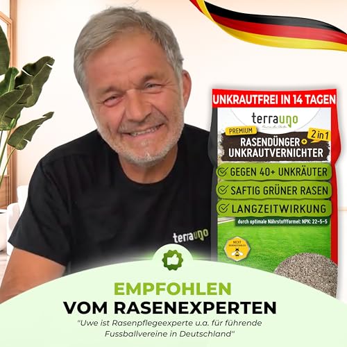 TerraUno Rasendünger mit Unkrautvernichter extra stark, 100 Tage Langzeitwirkung, 10 kg für 500 m², gegen Löwenzahn, Klee uvm., Rasenunkrautvernichter mit Dünger für saftiges Grün im Frühjahr & Sommer 6