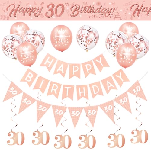 30th BIrthday Decorations for Women-Rose Gold 30th Birthday Banners for Her,Happy 30th Birthday Party Decor Include Banner Bunting Hanging Swirls Triangle Flags Confetti Latex Balloons