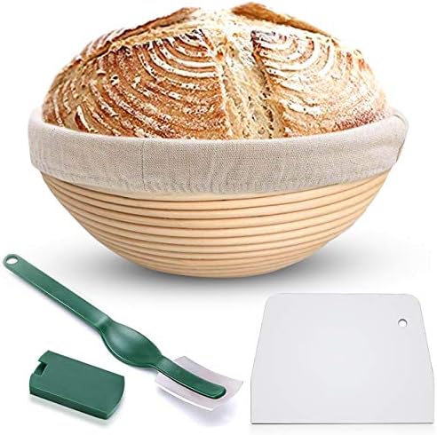Bread Proofing Banneton Basket Set - 9 Inch Round Natural Rattan Bread Basket, with Linen Liner Cloth and Sourdough Bread Scraper Tool, Ideal Basket Gift For Professional Or Home Bakers