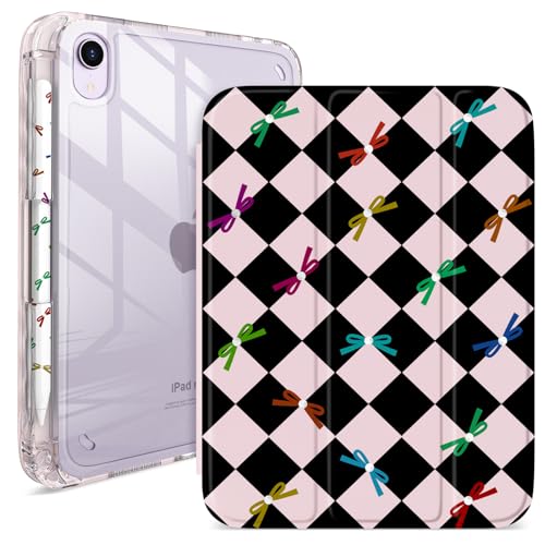 Coque iPad mini 6/7 transparente à carreaux avec support à 3 volets et porte-crayon intégrés