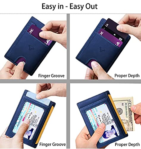 Image of Contacts Genuine Leather Slim Wallet | RFID Blocking Skinny Minimal Thin Front Pocket Wallet Sleeve Card Holder for Men | Up to 7 Card Slots Including 1 ID Window (Blue)