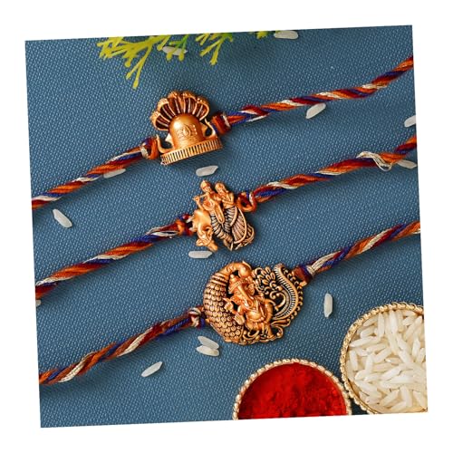Image of eCraftIndia Set of 3 Rakhi Combo Hamper | Om Krishna Peacock Feather Lord Ganesha Silver Religious Designer Rakhis | Roli Chawal Pack