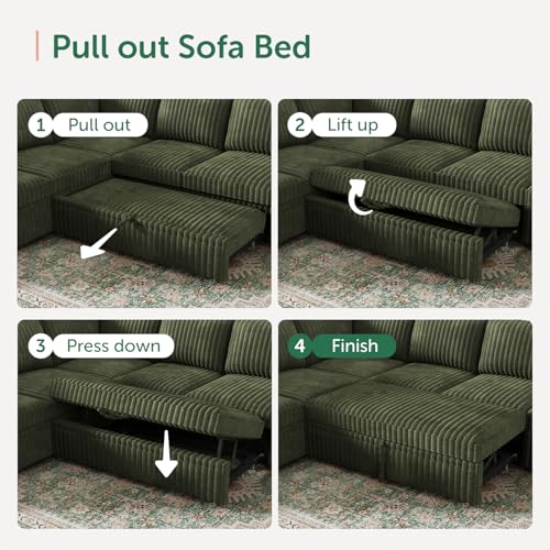 Image of HONBAY Modular Sectional Sleeper Sofa with Pull Out Bed,Corduroy U Shaped Couch with Storage, Sectional Couches for Living Room,Green