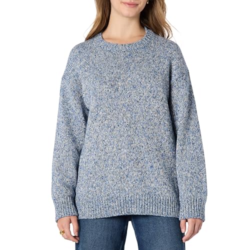 Amazon Essentials Women's Oversized-Fit Heavyweight Cotton Blend Crewneck Sweater, Multi-Color, Ribbed, Bright Blue Marl, Small
