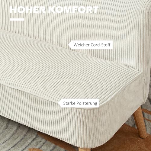 HOMCOM Sofa 2 Sitzer Couch, Kleine Loveseat mit Cord-Optik Modern Polstersofa für Wohnzimmer, Schlafzimmer, kleinen Raum, Cremeweiß 117 x 56,5 x 77 cm