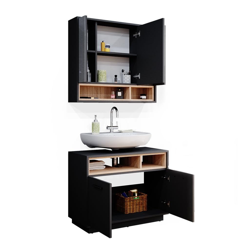 Vicco Badmöbel-Set Beatrice, Anthrazit, 80 cm, besteht aus Badspiegel und Waschbeckenunterschrank