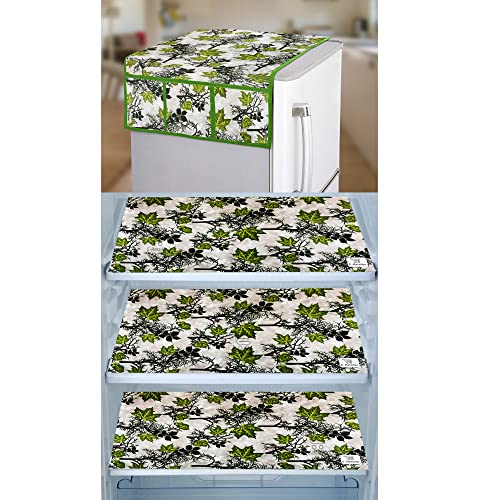 Image of E-RetailerCombo Set of Flower Print 1 Pc Fridge Top Cover with 6 Utility Pockets And 3 Pc Fridge Mats (Green, Set of 4) (1FC3FM-GRPFLW-GRN)