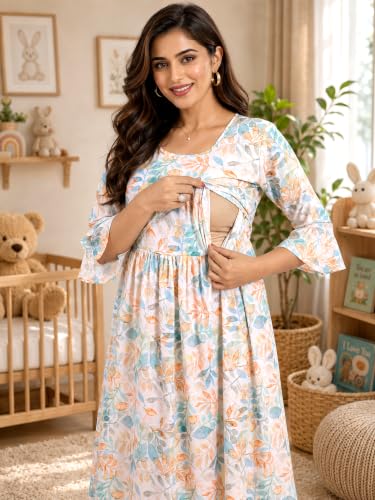 Image of RITIJYA Zipless Feeding Kurta Dress for Women | Maternity Nursing Kurti, No-Zip Easy Access | Extra Pleats Pre to Post Pregnancy | Quick-Dry Fabric | S-4XL