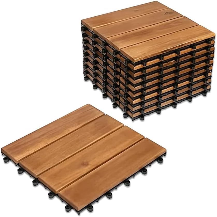 HOMETASTE Pack of 10 Acacia Wood Interlocking Deck Tiles – 12" x 12" Hardwood Outdoor & Indoor Flooring, Easy Snap Installation, Weatherproof Patio Tiles for Garden, Balcony, Pool, and Home Use (Z4)