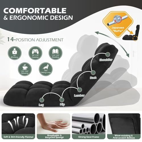 Image of Folding Floor Gaming Chair, 14-Position Adjustable Backrest, Skin-Friendly Flannel & Aluminum Alloy Frame, Ideal for Reading, Gaming, Sleeping, Black