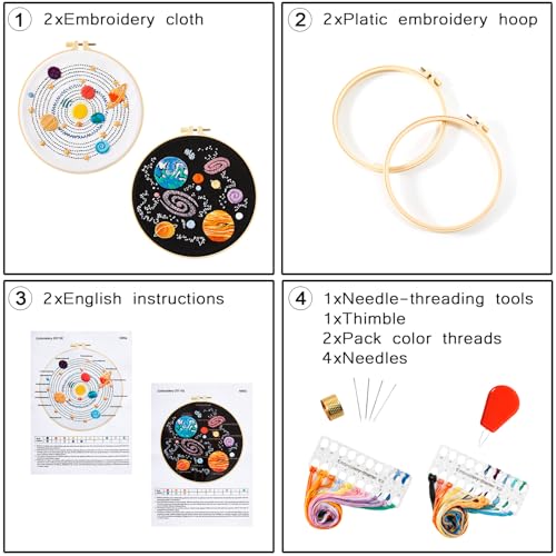 Image of Armindou Embroidery Kit for Adults Beginners, Hand Embroidery Starter Kit with Solar System Patterns, Counted Stamped Cross Stitch Needlepoint Kit for Beginner Adult, 2 Set Embroidery Supplies /Hoop