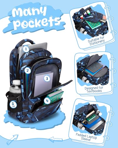 BLUEFAIRY Kids School Backpack for Boys Girls Ages 6-8 8-10 10-12 Elementary Middle School Book Bags with Laptop Compartment Mochilas Escolares para Niños Niñas de 8 10 12 Años (Blue, Geometric) - Image 4