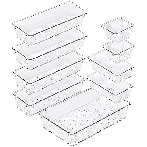 Smartor 9 PCS Clear Plastic Drawer Organizers, Versatile Desk Drawer Storage Trays, Drawer Organizers for Makeup, Desk, Kitchen, Bathroom, Office, Storage Bins for Drawers with Non-Slip Pads Cover