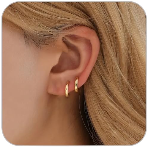 1 Pair 8mm Small Hoop Earrings for Women Dainty 14K Gold Plated Huggie Hoop Earrings Hypoallergenic Lightweight Cartilage Earrings Set for Multiple Piercings for Sensitive (Gold/1.6mm)