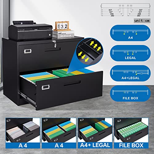 Bynsoe 2 Drawer Lateral File Cabinet Metal Filing Cabinet With Lock Office Home Steel Lateral File Cabinet For A4 Legal/Letter Size Wide File Cabinet Locked,Assembly Required(2 Drawer, Black) #TOP4