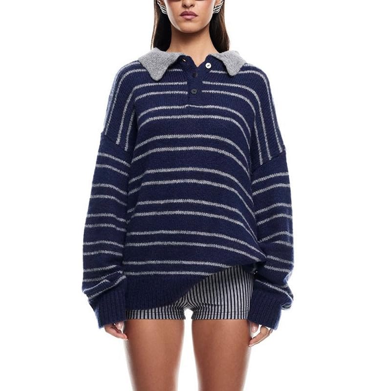Women Striped Knit Polo Shirt Long Sleeve Lapel Collar Pullover Sweater Y2K Color Block Oversized Rugby Sweatshirt