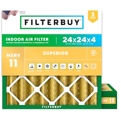 Filterbuy 24x24x4 Air Filter MERV 11 Superior Pet & Allergy Defense (2-Pack) Electrostatic Pleated HVAC AC Furnace Filters Replacement Made in USA (Actual Size: 23.38 x 23.38 x 3.63)