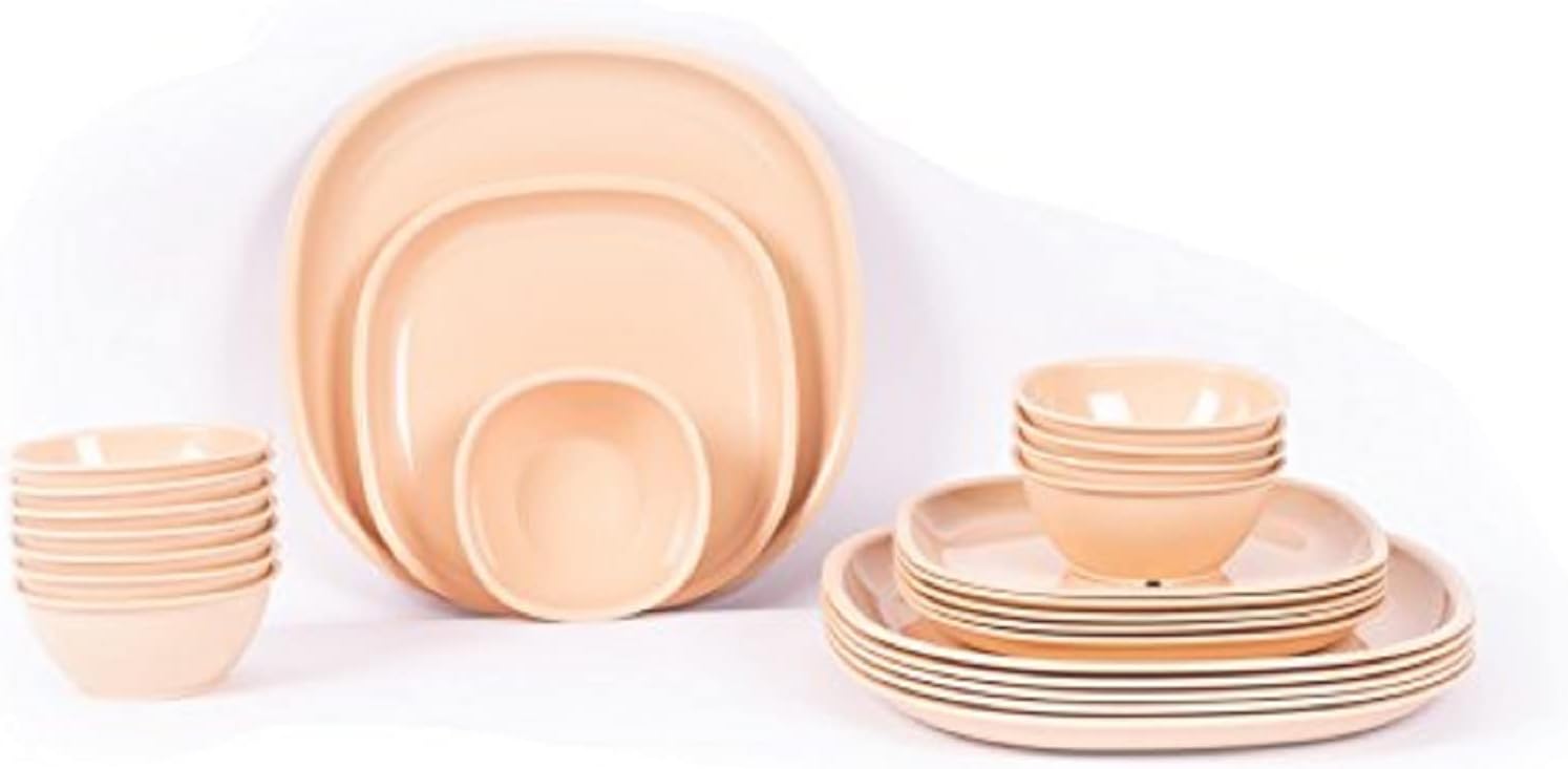 Gluman 24 Pieces Square Plastic Dinner Set, Beige, 24 Pcs