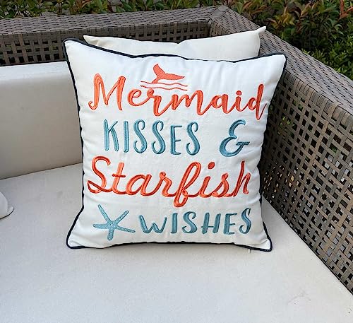 Decopow Embroidered Mermaid Kisses & Starfish Wishes Throw Pillow Cover,Square 18 Inches Decorative Canvas Pillow Cover With Mermaid Kisses & Starfish Wishes Pattern,Cover Only #TOP1