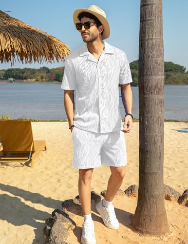 Image of ZAFUL Men's 2 Pieces Sets Outfits Summer Beach Set Short Sleeve Button Down Zip Up Shirt And Short Sets
