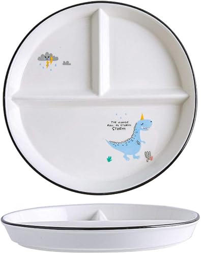 1 plato de cerámica para control de porciones de dinosaurio, plato dividido para comer racional, plato de postre dividido, plato de ensalada, plato