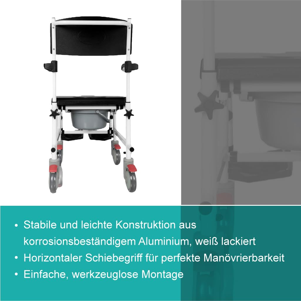 Akriva fahrbarer Toilettenstuhl aus Aluminium - Mobiler Nachtstuhl mit gepolsterter Sitzfläche und Eimer - Toilettenrollstuhl - Zimmerrollstuhl (Feste Sitzhöhe)