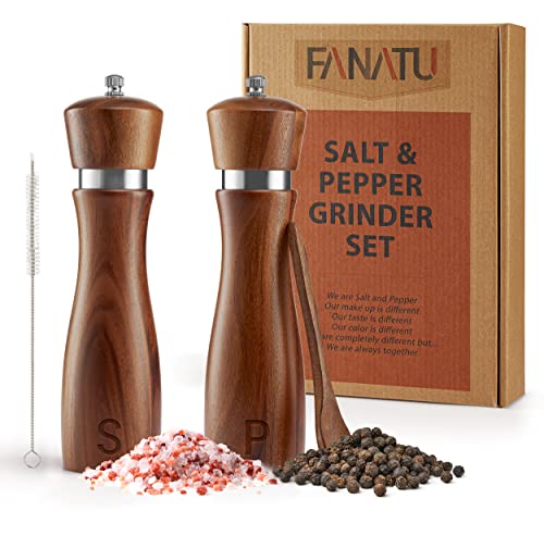 Wooden Salt And Pepper Grinder Set - Acacia Wood Pepper Mill & Salt Grinder With Adjustable Coarseness - Adding Wood Spoon And Cleaner Tool - Perfect Salt And Pepper Shakers Gift (8" Acacia) #TOP2